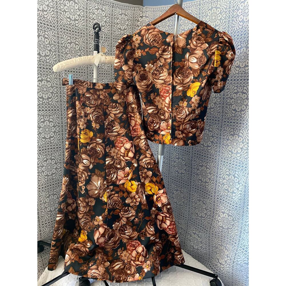 Vtg Floral Print 2piece Skirt & Blouse Set 40's Inspired, Ex Small